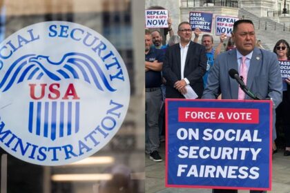 The Social Security Fairness Act paves the way for increased payments for millions of beneficiaries (Social Security Administration logo (Photo by Timothy Valentine, March 8, 2019—via Flickr) and (The Social Security Fairness Act Signing—NJ State PBA-Facebook)