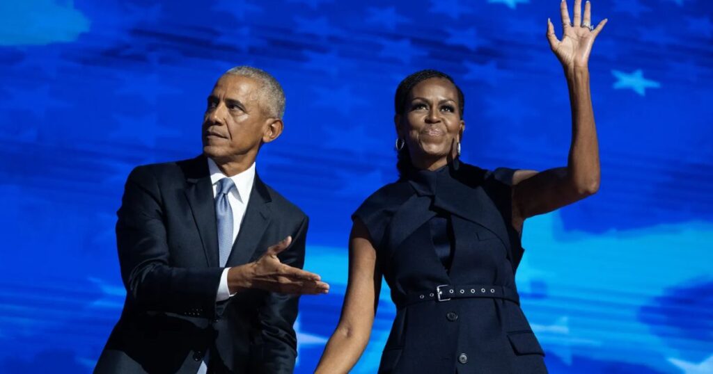Barack and Michelle Obama onstage at the 2024 Democratic National Convention