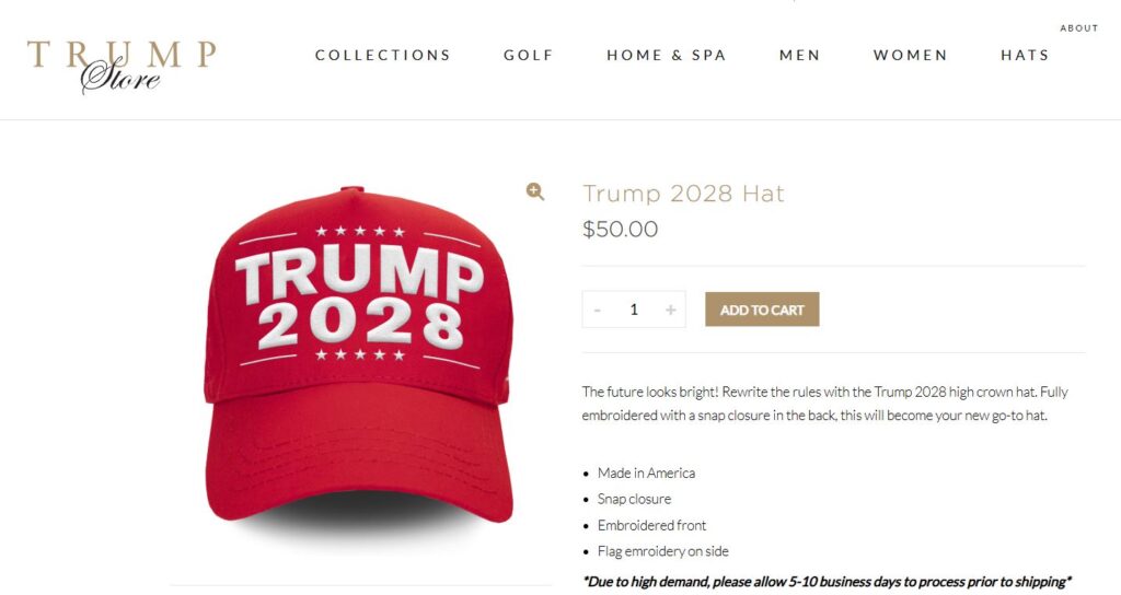 Trump Store is selling Trump 2028 hats 