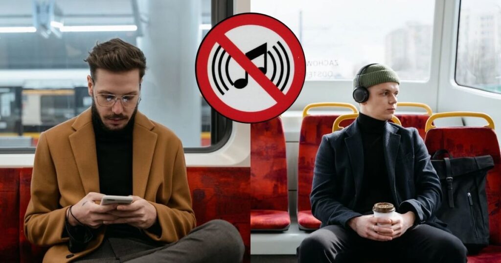 UK commuters urge noise ban on public transport (images by Mart Production via Pexels and a loud noise logo by Leo Reynolds.)