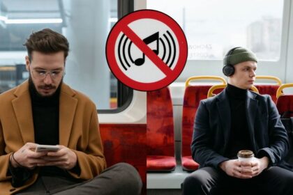 UK commuters urge noise ban on public transport (images by Mart Production via Pexels and a loud noise logo by Leo Reynolds.)