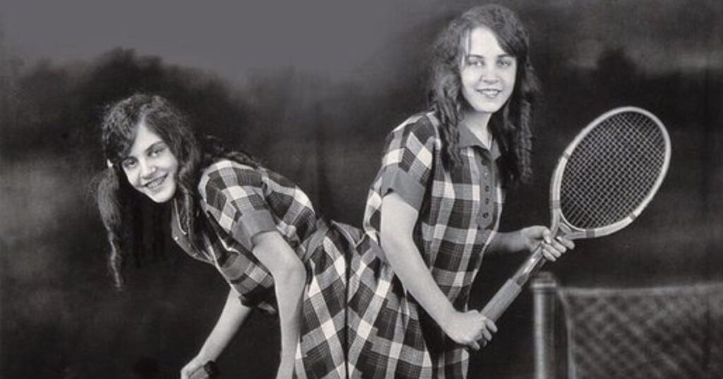 Daisy and Violet Hilton ready for badminton in 1927