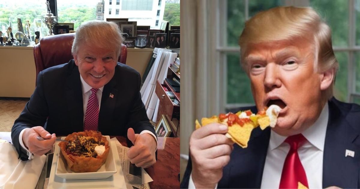 Donald Trump eating his favorite food items (Left- picture via Donald J. Trump - X) and (right picture via Deviant Art) and (picture