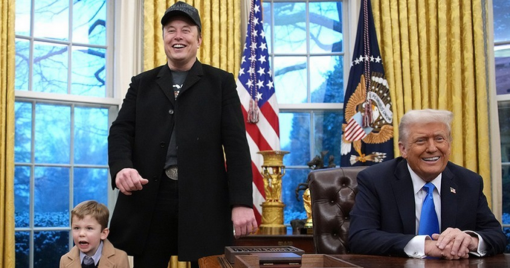 Elon Musk with his son X and Donald Trump