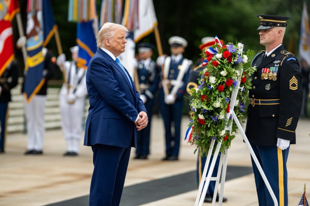 President Donald Trump lays a wreath at the Tomb of the Unknown Soldier at Arlington National Cemetery.