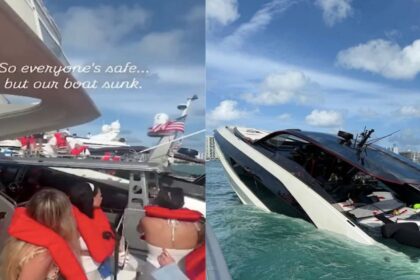 Influencers brutally mocked after they were least bothered about safety while being on a sinking $4.5M Lamborghini yacht (both the pictures from- The Facts Dude- via X)