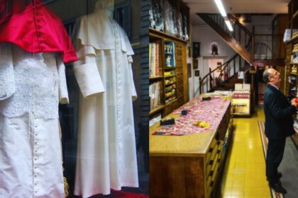 The Pope's robe (left), uploaded by Anthony Majanlahti in 2005 via Flickr, alongside a glimpse of the Gammarelli tailors in Rome (left), shared on Instagram by @iandrej.