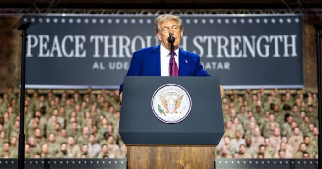 Donald Trump delivering a speech to the U.S. troops at Al-Udeid Air Base in Qatar- (2025)—Photo Credits (Instagram|@potus)