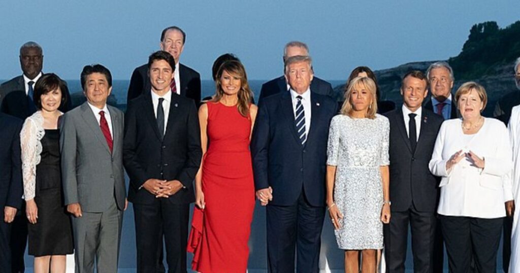 Donald Trump, Melania Trump and Justin Trudeau with G7 leaders, extended partners and their spouses during the G7 Extended Partners Program Sunday, Aug. 25, 2019, at the Hotel du Palais in Biarritz, France