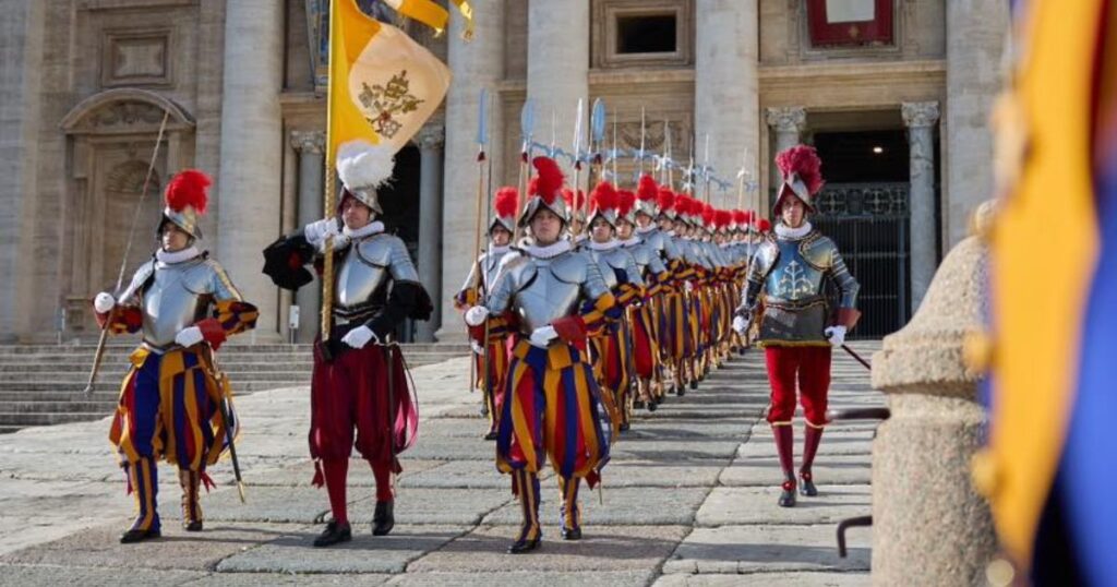The Pontifical Swiss Guard in full ceremonial cuirass uniform on December 25