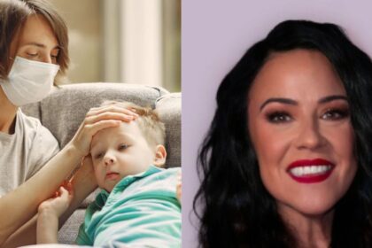 A sick child with a caregiver and Kerri Rivera, the influencer who suggested a fake autism remedy. (left—uploaded by Gustavo Fring—via Pexels) and (right- iamkerririvera|Instagram)