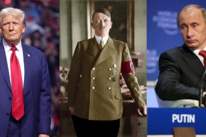 Photographs of three political figures discussed in a psychological study on narcissistic leadership: (Left) Donald Trump, image by Gage Skidmore via Flickr; (Center) Adolf Hitler, photo by Heinrich Hoffmann via Flickr; (Right) Vladimir Putin, image by the World Economic Forum via Flickr.