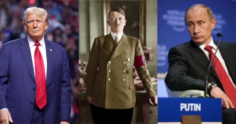 Photographs of three political figures discussed in a psychological study on narcissistic leadership: (Left) Donald Trump, image by Gage Skidmore via Flickr; (Center) Adolf Hitler, photo by Heinrich Hoffmann via Flickr; (Right) Vladimir Putin, image by the World Economic Forum via Flickr.