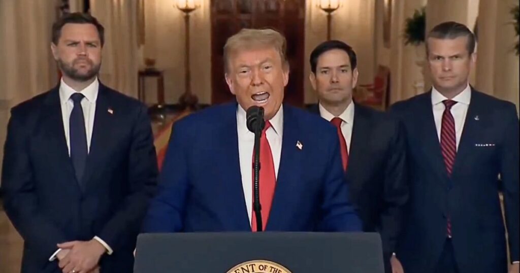 Donald Trump delivers a televised speech from the White House after Iran airstrikes