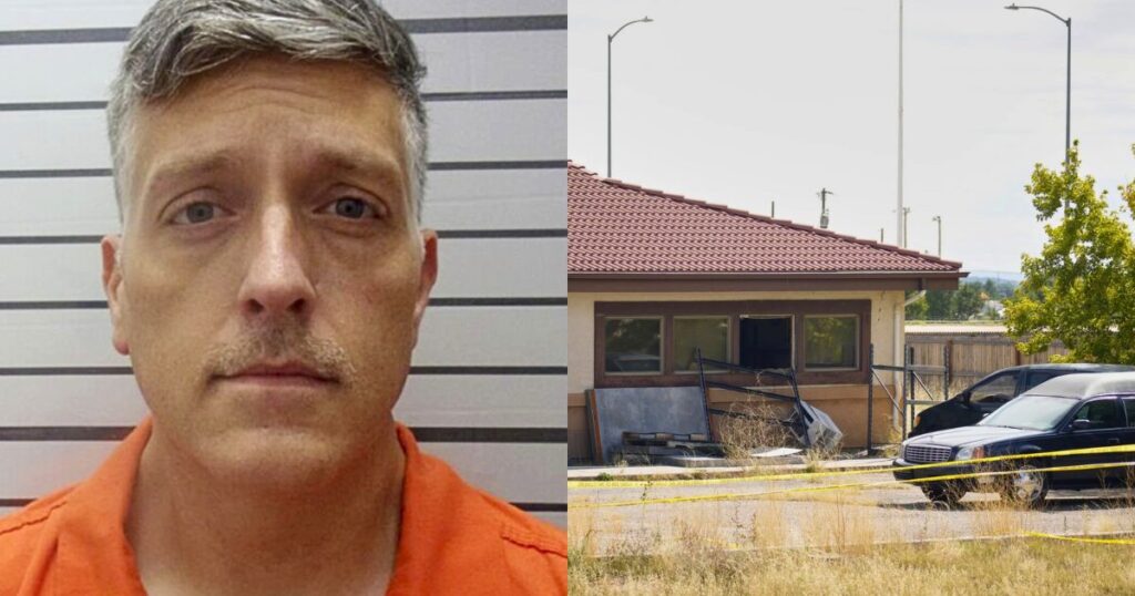 Jon Hallford (L) and the exterior of the Return to Nature Funeral Home (R), where nearly 200 decomposing bodies were discovered in 2023