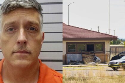 Jon Hallford (L) and the exterior of the Return to Nature Funeral Home (R), where nearly 200 decomposing bodies were discovered in 2023