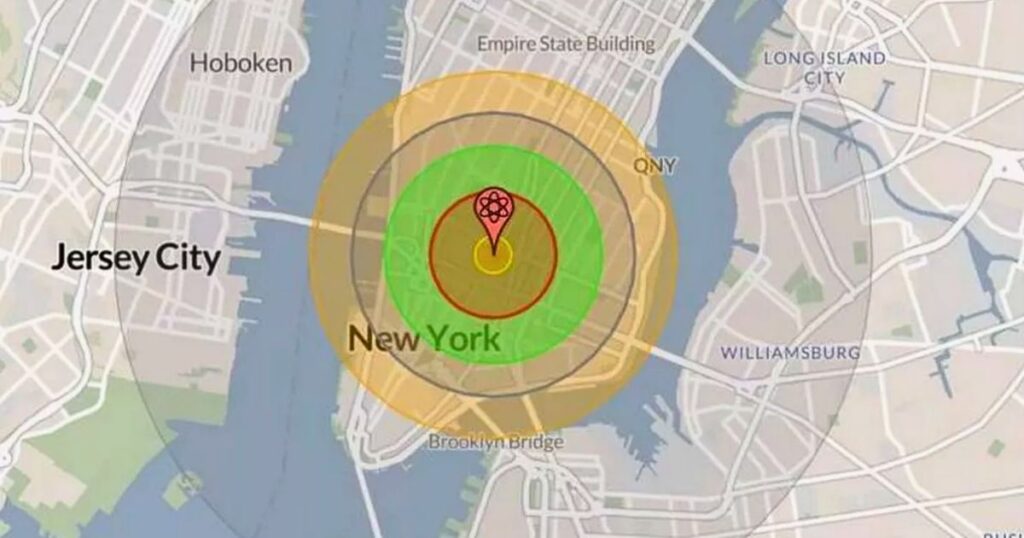 Simulation map showing blast, fireball, and radiation zones in NYC from nuclear bomb