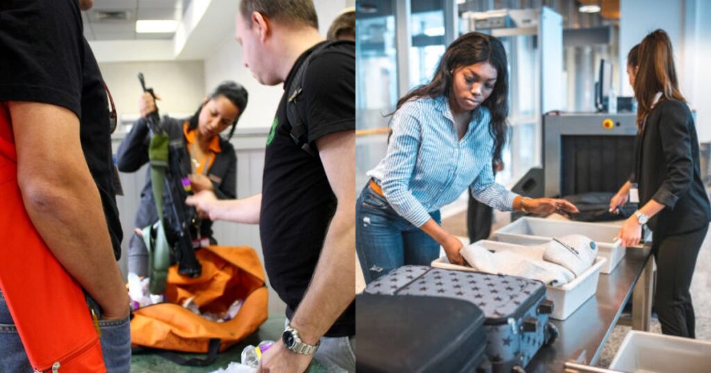 TSA authorities ban a women from carrying a loaded gun ( left- uploaded by Avital Pinnick- via Flickr) and (right—picture via iStock)