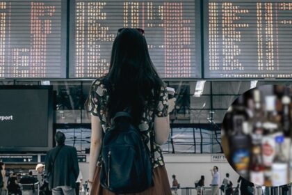 TSA bans a popular drink on all flights in a new set of rules for 2025 (background image—via PickPik) and (image inside the circle— via PICRYL)