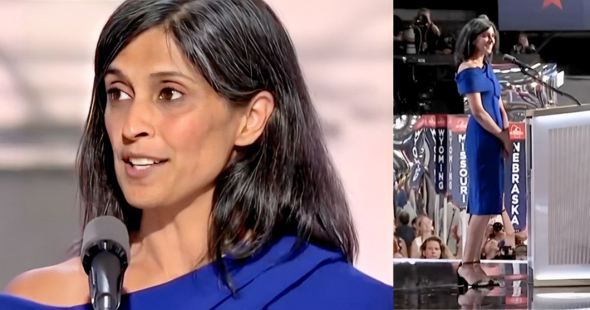 Usha Vance in a sapphire-blue dress highlighting her toned legs at the RNC