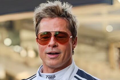 Brad Pitt, age 61, with youthful features and a sharp jawline in F1 movie