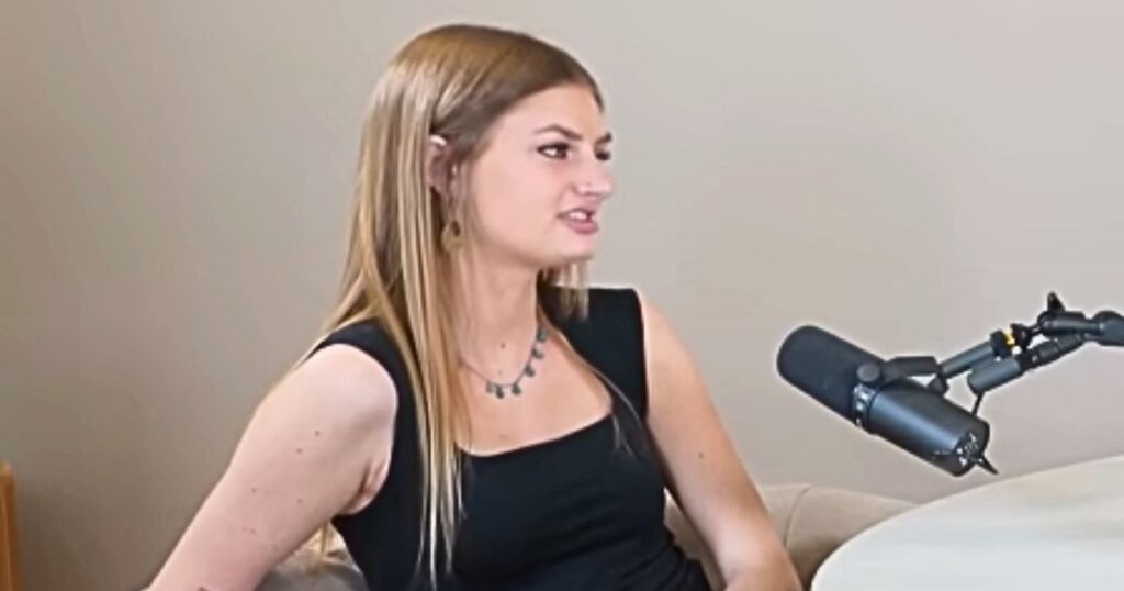 Courtney Tamagny speaking into a podcast microphone, detailing abuse allegations