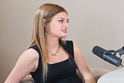 Courtney Tamagny speaking into a podcast microphone, detailing abuse allegations