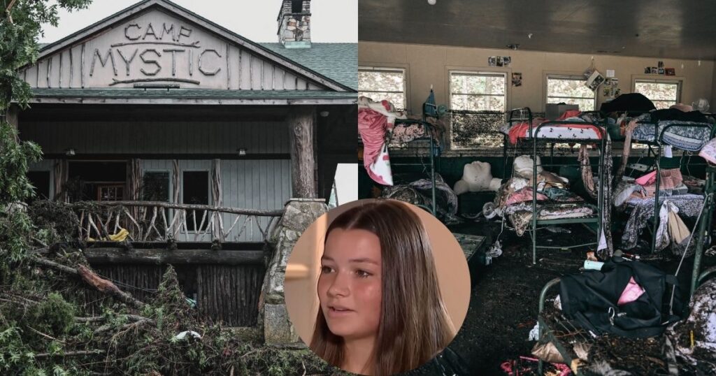 Damaged caused at Camp Mystic in Texas due to the horrible flash floods Credits- Picture in the background (@foxweather|X.com) and the teen's picture from (@people|Instagram)