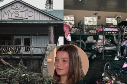 Damaged caused at Camp Mystic in Texas due to the horrible flash floods Credits- Picture in the background (@foxweather|X.com) and the teen's picture from (@people|Instagram)