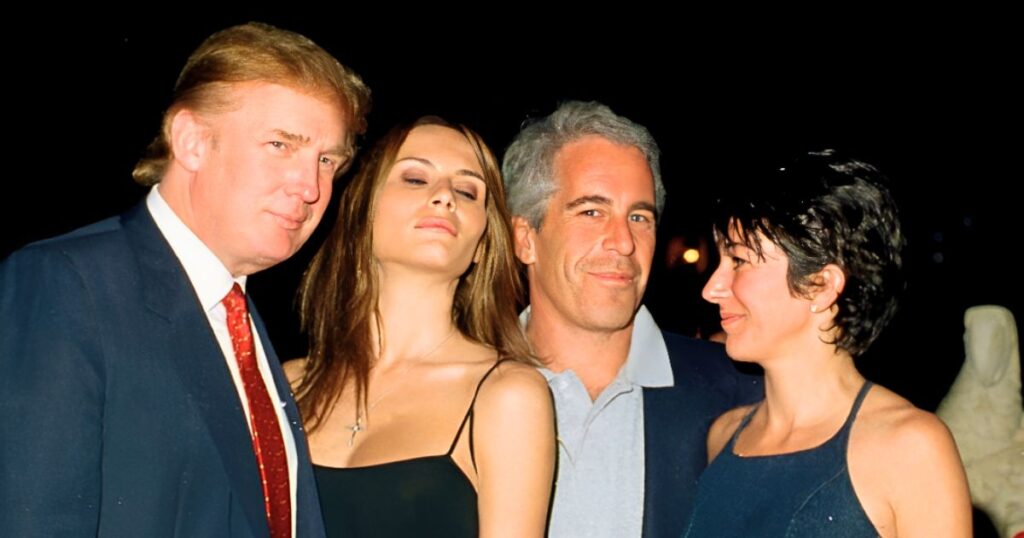 Donald Trump standing with Jeffrey Epstein and Ghislaine Maxwell in a 2000 Mar-a-Lago photo.
