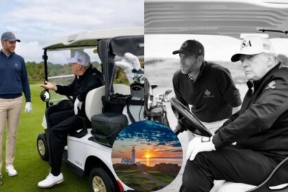 Donald Trump and Eric Trump at the golf course in Aberdeenshire. (Left: @MichaelDeLauzon | X, Right: @KUWTTRUMPS | X, Inset photo: @RyanCaven1 | X)