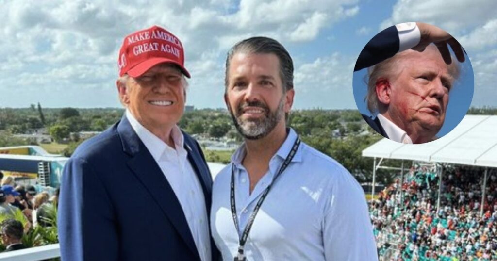 Donald Trump and Donald Trump Jr. hanging out together; background image from Freedom | X, with the insert image by J Stewart – @triffic_stuff_ | X.