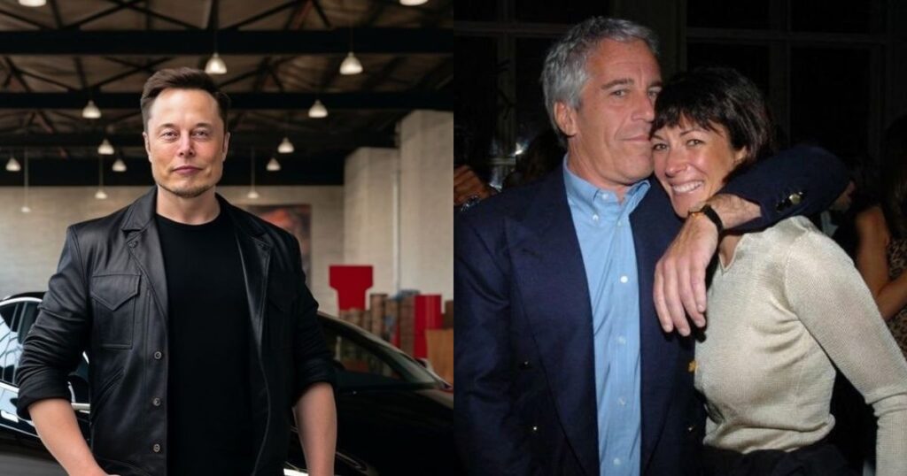 Elon Musk and Ghislaine Maxwell with Jeffrey Epstein (left- @ELonMuskNewssX|X.com) and ( right- @GlobeEyeNews|X.com).