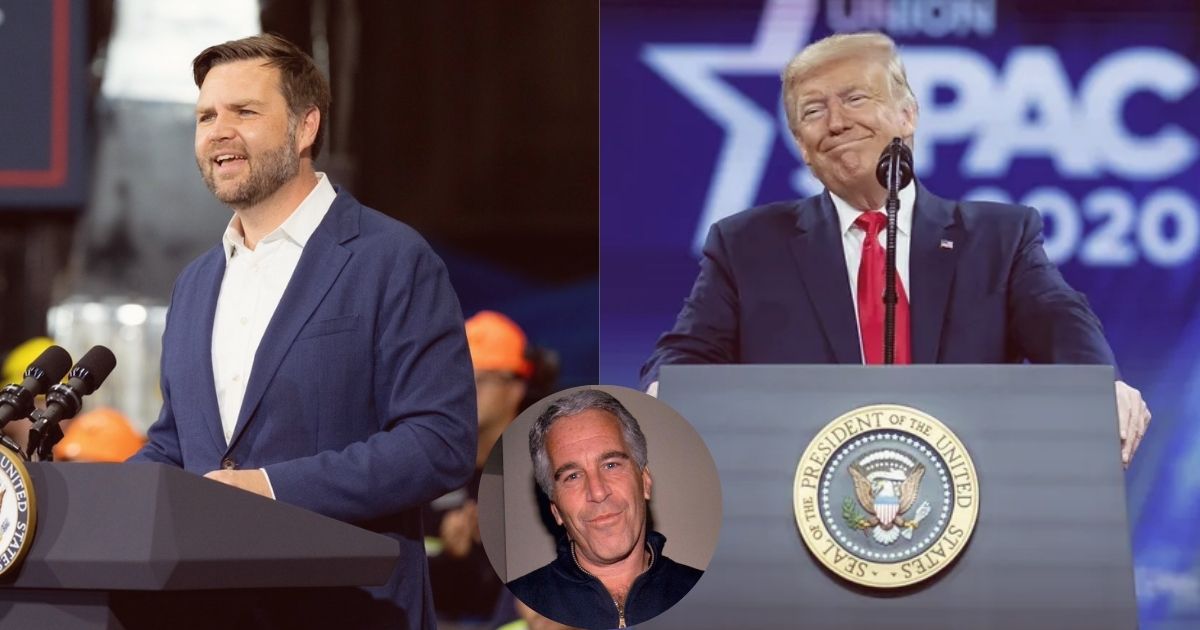 Collage of JD Vance (@VP|X), Donald Trump (National Archives), Jeffrey Epstein (@jimstewartson|X).
