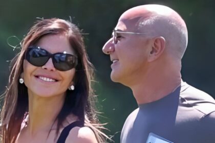 Jeff Bezos and Lauren Sánchez walking at the Sun Valley Conference with Bezos showing off new grey hair