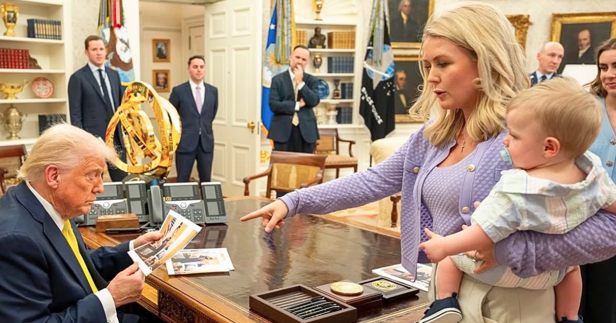 Karoline Leavitt at the White House speaking to President Donald Trump, before her son’s birthday post went viral for all the wrong reasons