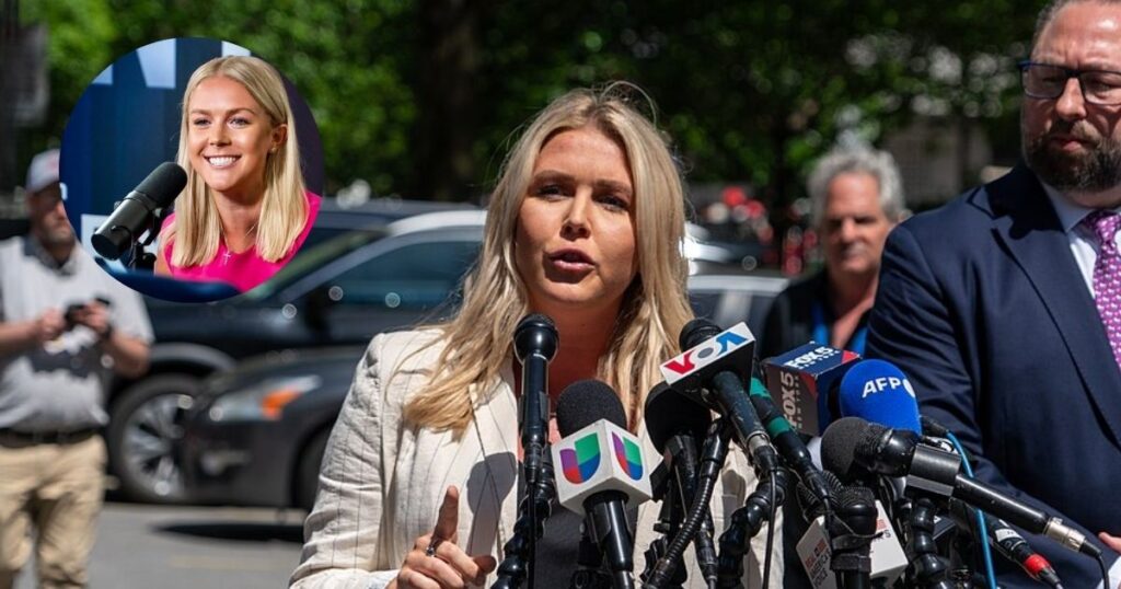 Karoline Leavitt looking tired and frustrated compared to her old happy self ( Image Credits- uploaded by BruceSchaff- via Wikimedia Commons) and ( picture Inside the circle- @LeavittMedia- via Flickr).