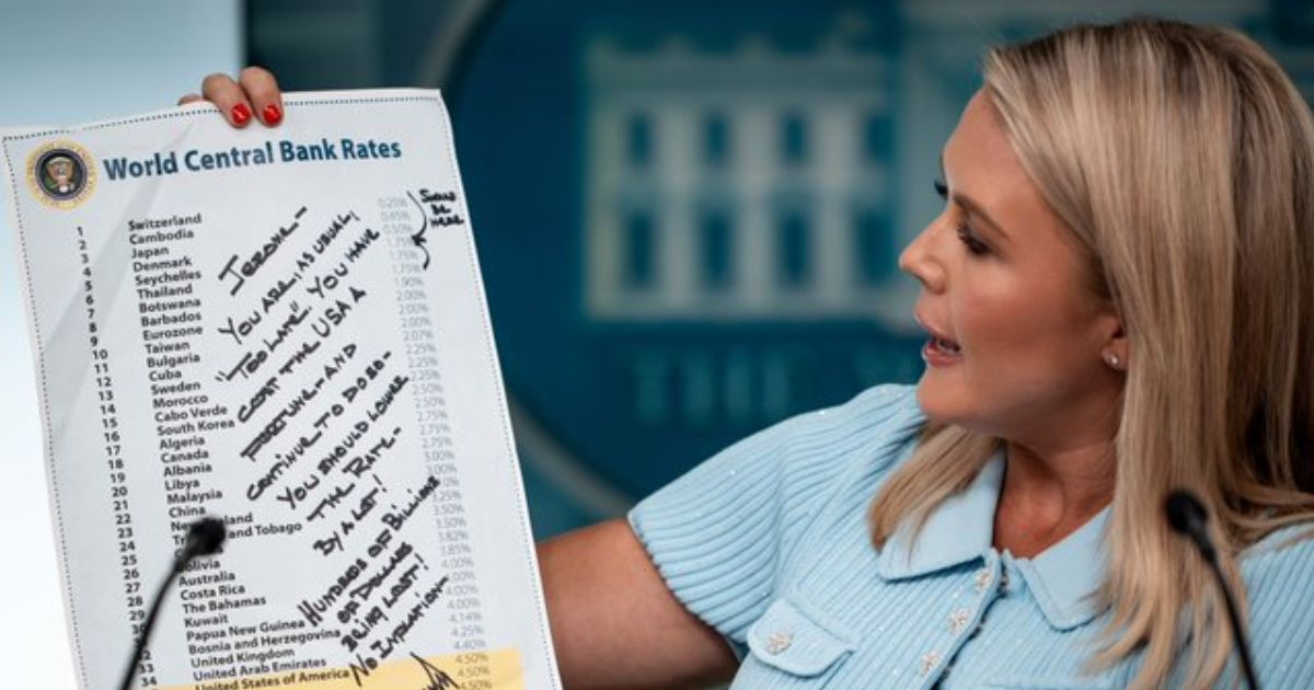 Karoline Leavitt showing a a memo Trump sent to the Chair of the Federal Reserve, Jerome Powell, on a paper that said Word Central Bank Rates ( credits: Karoline Leavitt - @PressSec| X.com).