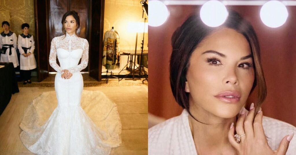 Lauren Sánchez Bezos and her viral wedding photos, as shared by @Daily_MailUS on X (left) and @OliLondonTV on X (right).