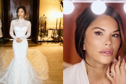 Lauren Sánchez Bezos and her viral wedding photos, as shared by @Daily_MailUS on X (left) and @OliLondonTV on X (right).