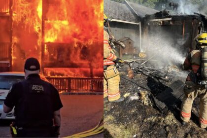 Images of the massive fire in an apartment in Portland. ( left- via @pdxfirerescue|Instagram) and (right- @PDXFire|X.com).