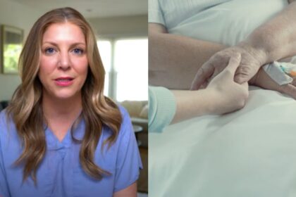 Nurse Julie McFadden talking about death ( left-picture from Hospice Nurse Julie|via YouTube) and right- @macie68672|X.com)