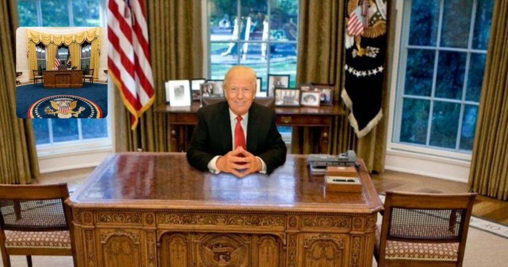 President Donald Trump pictured in his gold-adorned Oval Office (Background image credit: LindyMan @PaulSkallas | Inset image: @CTVNews).