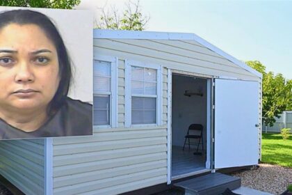 Mugshot of Rosa Mena alongside photos of her illegal Med Spa inside a shed in Port St. Lucie, Florida