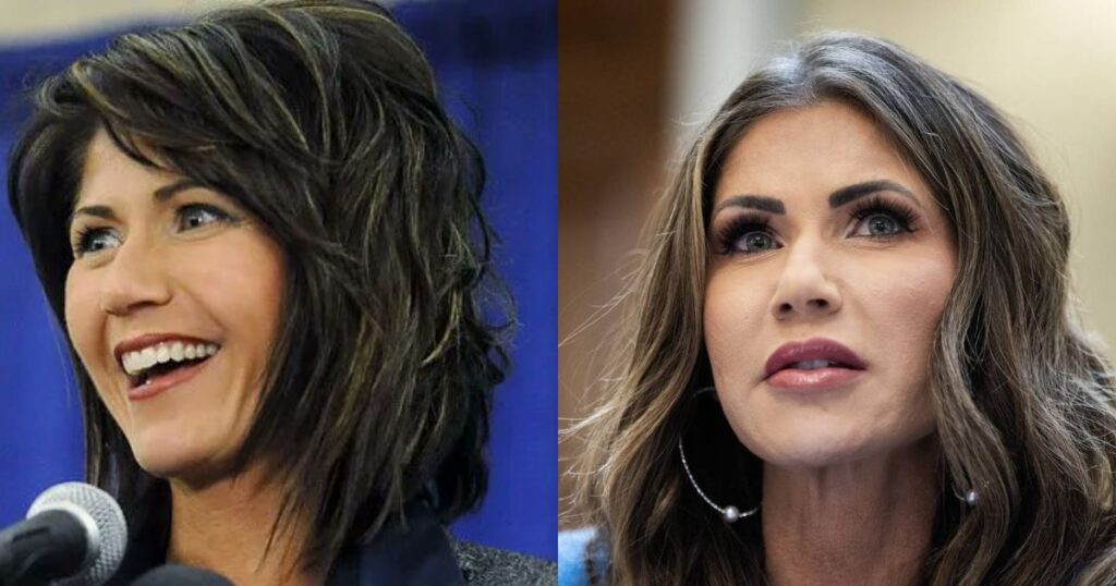 Side-by-side comparison of Kristi Noem before and after her alleged cosmetic procedures and heavy makeup. Left image (shared by @RussOnPolitics on X) and right image (shared by @PaulRudnickNY on X).