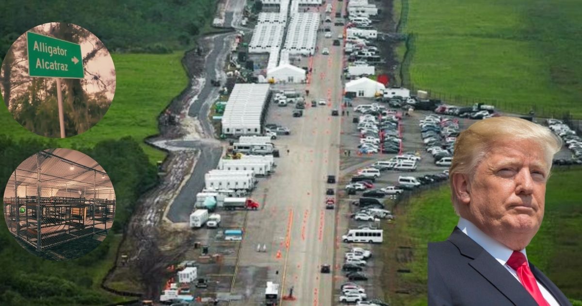 Donald Trump's famous Alligator Alcatraz in Florida ( inset images credited to @moonbreeze2, @ScottImmordino, and background sourced from @newschannelnine on X.).