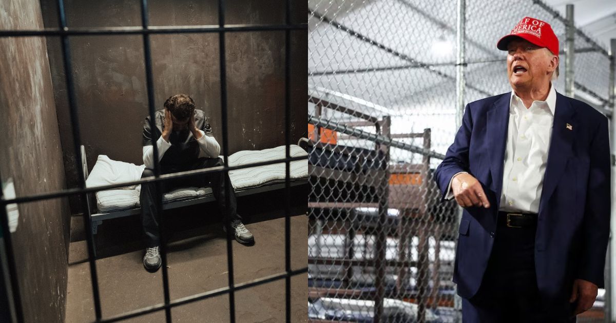 A prisoner in jail (Image for representation purpose only, via Canva) and Donald Trump at Alligator Alcatraz (Image via White House)