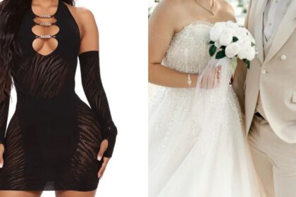 The alleged Fashion Nova dress (L) that the bride (representative image, R) says the guest wore to her wedding
