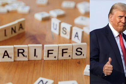 Donald Trump (R) flashes a thumbs-up as tariff deadlines cause alarm