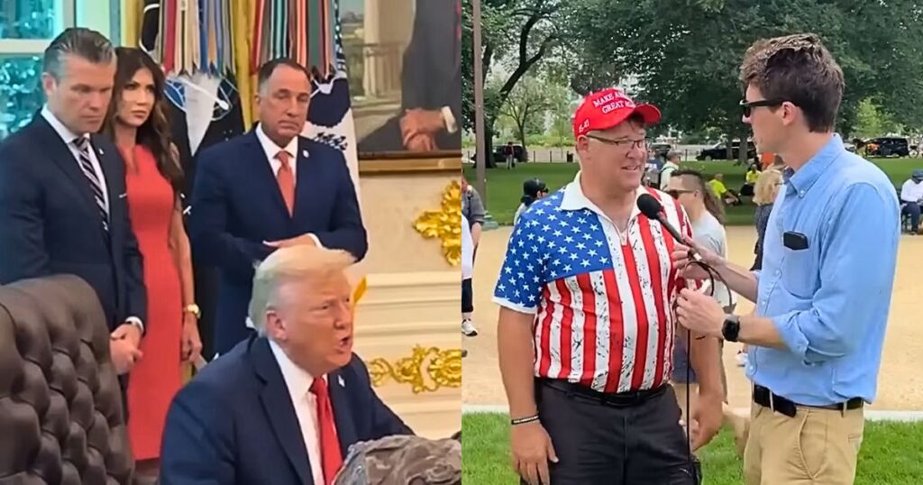 A Donald Trump supporter in a U.S. flag shirt speaks to comedians The Good Liars at a rally.